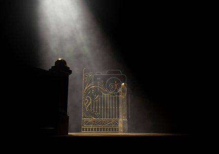 Téléchargez les photos : Un concept des portes dorées ouvertes du ciel éclairé d'en haut par une lumière éthérée sur un fond sombre et lunatique - rendu 3D - en image libre de droit