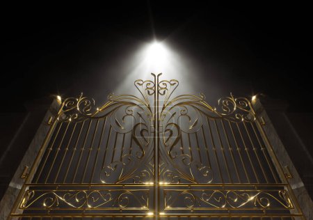 Téléchargez les photos : Un concept des portes dorées fermées du ciel éclairé d'en haut par une lumière éthérée sur un fond sombre et lunatique - rendu 3D - en image libre de droit