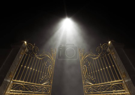 Téléchargez les photos : Un concept des portes dorées ouvertes du ciel éclairé d'en haut par une lumière éthérée sur un fond sombre et lunatique - rendu 3D - en image libre de droit