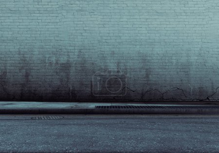 Téléchargez les photos : Une section au niveau des yeux d'une rue vide usée et grincheuse, trottoir pavé et mur de briques vierges la nuit - rendu 3D - en image libre de droit