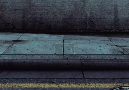 Téléchargez les photos : Une section au niveau des yeux d'une rue vide usée et grincheuse, trottoir pavé et mur de briques vierges la nuit - rendu 3D - en image libre de droit