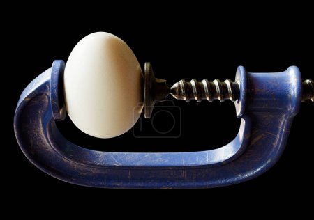 Photo for A concept image of a worn blue vintage-styled G-clamp holding a regular chicken egg on an isolated black studio background - 3D render - Royalty Free Image