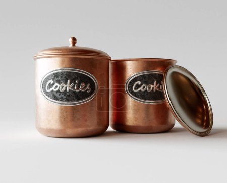 Foto de Un concepto que muestra dos latas de tarro de galletas de cobre con una etiqueta en relieve de metal sobre un fondo de estudio blanco - 3D - Imagen libre de derechos