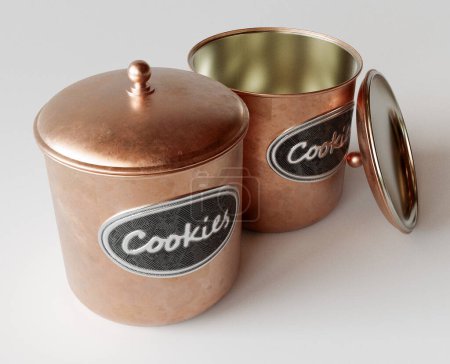 Photo for A concept showing two copper cookie jar tins with a metal embossed label on a white studio background - 3D - Royalty Free Image