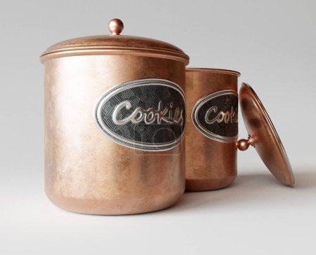 A concept showing two copper cookie jar tins with a metal embossed label on a white studio background - 3D