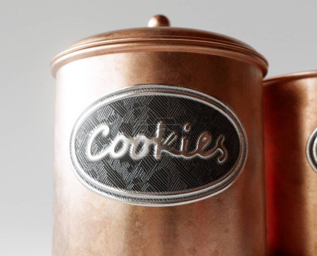 Foto de Un concepto que muestra dos latas de tarro de galletas de cobre con una etiqueta en relieve de metal sobre un fondo de estudio blanco - 3D - Imagen libre de derechos