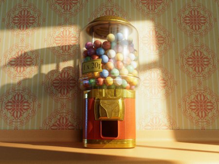 A red and brass vintage gumball dispensing machine filled with multicolored gumballs on a shelf mounted on a retro 60's wallpaper - 3D render