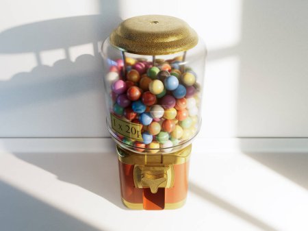 A red and brass vintage gumball dispensing machine filled with multicolored gumballs on an isolated white background - 3D render