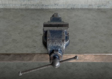 Ein industrieller Schraubstock aus Gusseisen, der auf einer Oberfläche einer Metallwerkbank montiert ist - 3D-Render