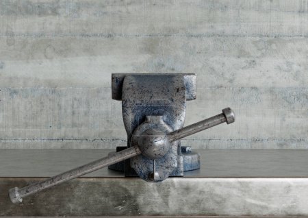 Ein industrieller Schraubstock aus Gusseisen, der auf einer Oberfläche einer Metallwerkbank montiert ist - 3D-Render
