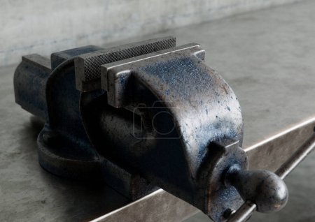 An industrial cast iron bench vice grip mounted on a metal workbench surface - 3D render