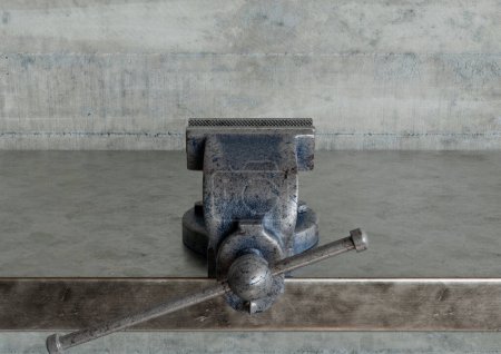 An industrial cast iron bench vice grip mounted on a metal workbench surface - 3D render