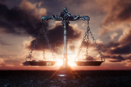 Ornate brass justice scales on a barren landscape background with a sunrise behind it - 3D render