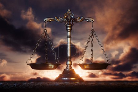 Ornate brass justice scales on a barren landscape background with a sunrise behind it - 3D render