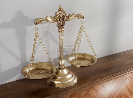 Ornate brass justice scales on a wooden shelf surface on a white wall background backdrop - 3D render