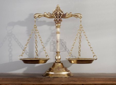 Ornate brass justice scales on a wooden shelf surface on a white wall background backdrop - 3D render