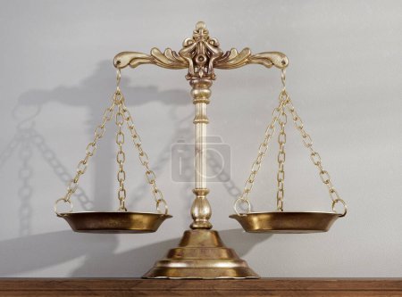 Balance de justice en laiton ornée sur une surface d'étagère en bois sur fond de mur blanc - rendu 3D