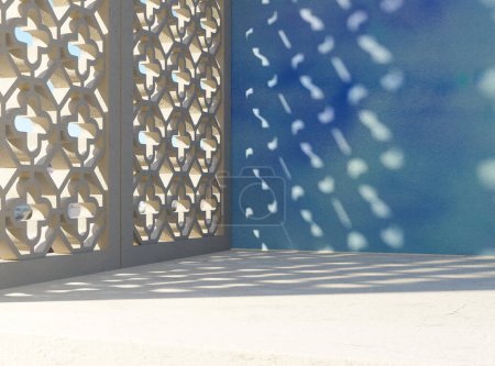 Une surface extérieure en béton sur un fond à motifs d'architecture méditerranéenne en toile de fond ensoleillée - rendu 3D