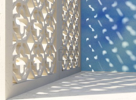 Une surface extérieure en béton sur un fond à motifs d'architecture méditerranéenne en toile de fond ensoleillée - rendu 3D
