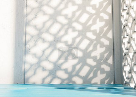 Eine Betonoberfläche im Freien auf einer mediterranen Architektur gemusterten Hintergrund Hintergrund in hellem Sonnenlicht - 3D-Render