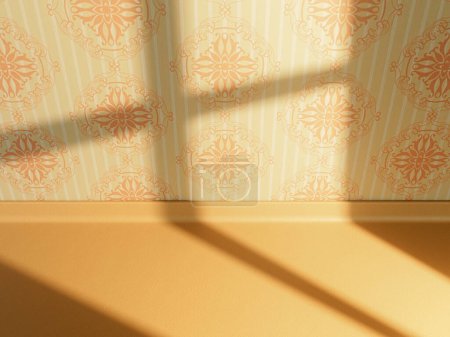 Une surface d'étagère orange sur un fond d'écran à motifs rétro années soixante-dix - rendu 3D