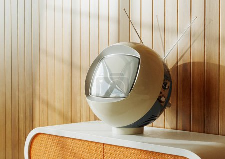 Une télévision rétro vintage en forme de sphère du futurisme des années soixante-dix sur un stand dans un décor en bois daté des années soixante-dix - rendu 3D