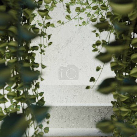 Un conjunto de pasos blancos enmarcados por vides verdes colgantes - 3D render