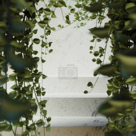 A set of white steps framed by hanging green vines - 3D render