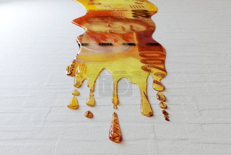A concept image showing a regular South Africa Rand banknote that is melted and liquified dripping on an white surface background - 3D render