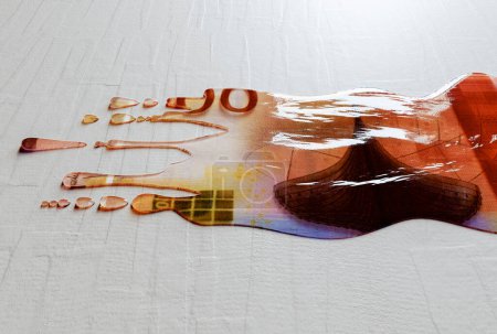 A concept image showing a regular Norway kroner banknote that is melted and liquified dripping on an white surface background - 3D render