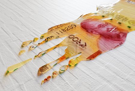 A concept image showing a regular India Rupee banknote that is melted and liquified dripping on an white surface background - 3D render