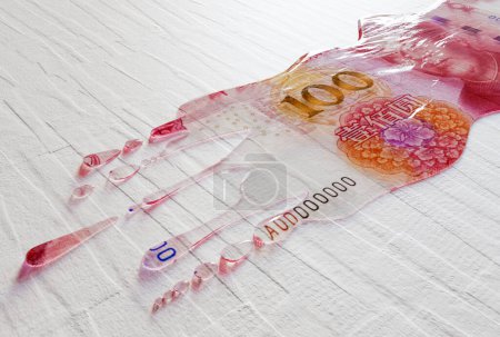 A concept image showing a regular china yuan banknote that is melted and liquified dripping on an white surface background - 3D render