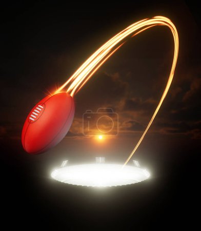 A Aussie Rules Football sport ball flying through the air with a flowing travelling trail of glowing wispy lights from a stadium  illuminated by an array of spotlights in the night time - 3D render 