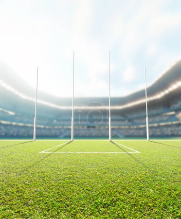 Un estadio de reglas aussie sentado genérico que muestra postes de gol en un campo de hierba verde durante el día bajo un cielo azul nublado - 3D render
