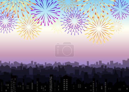 Foto de Celebrado petardo festivo sobre la ciudad. Silueta de ciudad con fuegos artificiales. Paisaje de rascacielos Jpeg con brillante saludo navideño - Imagen libre de derechos