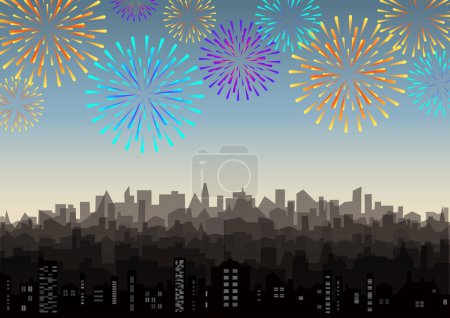 Foto de Paisaje festivo con fuegos artificiales brillantes. petardos sobre el fondo de la silueta de la ciudad. Ciudad urbana skyline con saludo. Ilustración Jpeg - Imagen libre de derechos