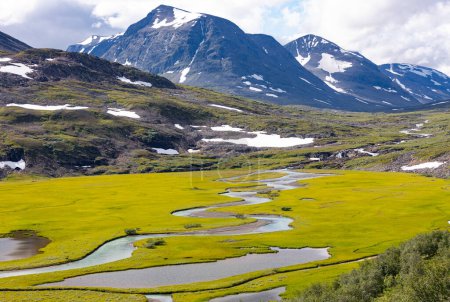 A beautiful summer landscape with Rapa river Rapadalen in Sarek National Park in Sweden. A mountain river from above. Wild scenery of Northern Europe.