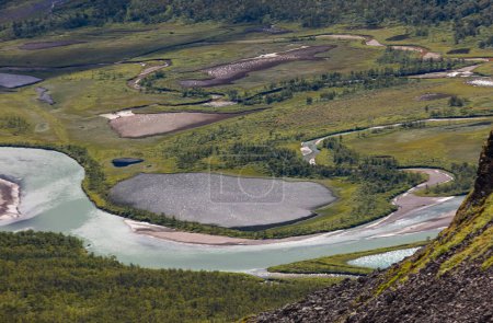 A beautiful Rapa river Rapadalen landscape with native plants. A mountain river from above in Sarek National Park, Sweden. Summer sceney of Northern Europe.