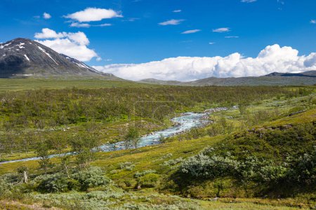 A beautiful summer landscape of mountain river in Sarek National Park, Sweden. Nordic wilderness scenery.