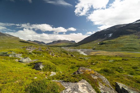 A beautiful summer landscape of Sarek National Park with river. Wild scenery of Northern Europe.