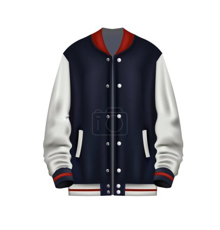 Illustration for Realistic white and blue baseball jacket, vector - Royalty Free Image
