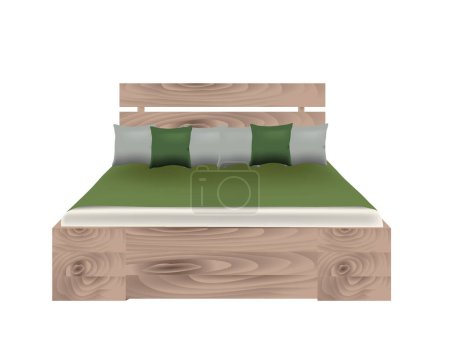 Wooden king size bed with pillows, vector