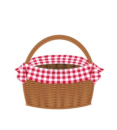 Empty wicker basket with red tablecloth, vector