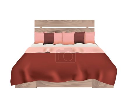 Wooden king size bed with pillows and bed cover, vector