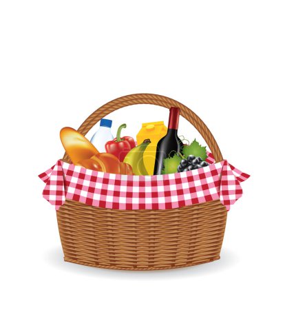 Picnic basket full of food, vector