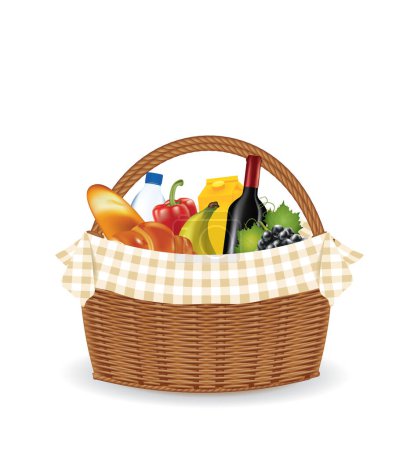 Picnic basket full of food, vector