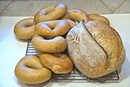 Téléchargez les photos : Organic Sourdough Bread and Bagels fresh out of the home oven - en image libre de droit