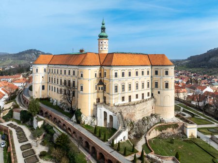 Mikulov castle in South Moravia, Czech Republic. Build  on a rock. Originally medieval, reconstructed in 18th century and renovated in 1950s. Aerial view with stairs, arcades, and garden