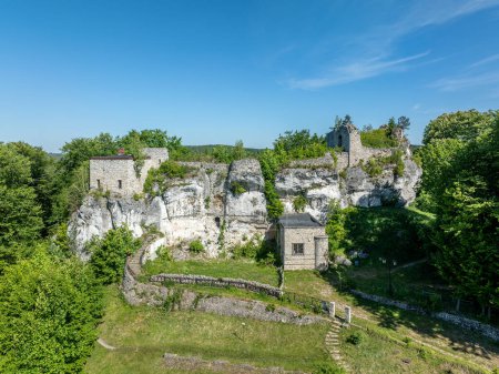 Ruinen der mittelalterlichen Burg Bakowiec im Dorf Morsko in Polen auf einem soliden felsigen Hügel, umgeben von dichtem Wald. Drohnen-Sicht. Kopierraum
