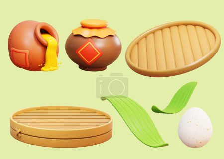 Photo for 3D Duanwu festival elements isolated on light yellow background. Including sealed ceramic jar, bamboo plate, bamboo steamer, bamboo leaves, salted egg, and realgar wine pouring out from wine jar - Royalty Free Image